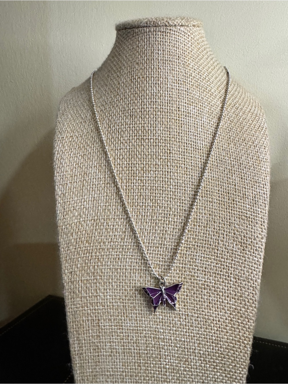Silver Butterfly Pendant Necklace with Purple Enamel